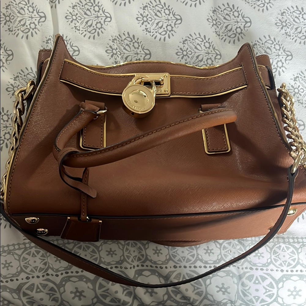 Brown Leather Handbag with Gold Accents
